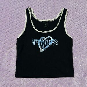 Forever 21 Black Heartless Tank Top with Blue Graphic